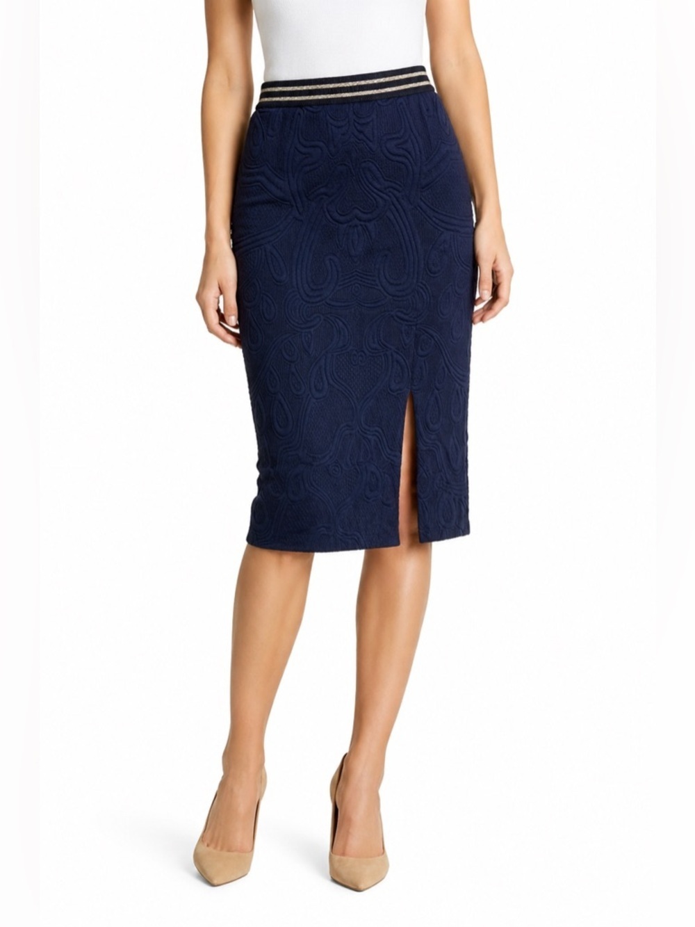 Maeve Anthropology Navy Blue Textured Knit Pencil Skirt Striped Gold Waistband